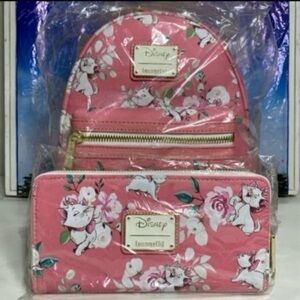 Disney aristocats pink Marie floral Loungefly mini backpack and wallet SET NWT